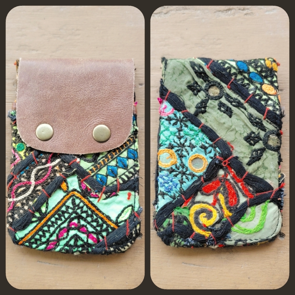 🧠🍳 Free People Boho Embroidered Repurposed vtg banjara hippie Wallet card case